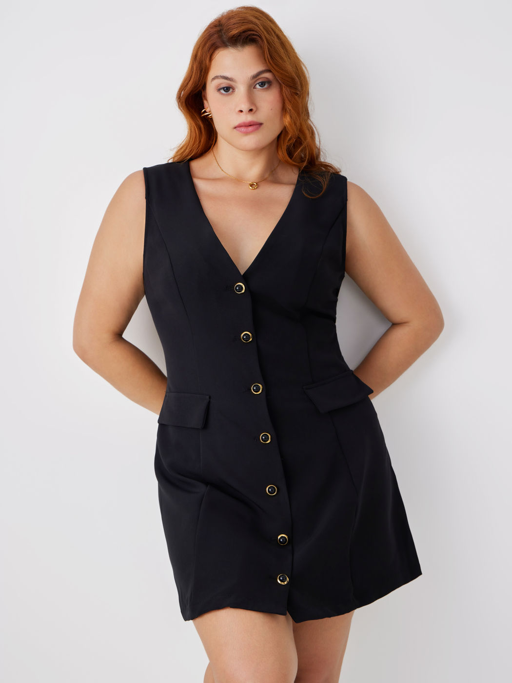 Solid V-neck Sleeveless Mini Dress Curve & Plus