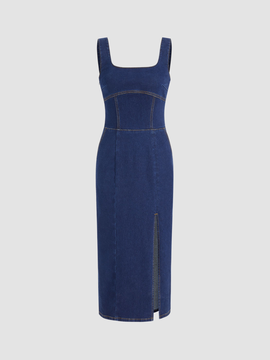 Stretch Denim Solid Pocket Split Midi Dress