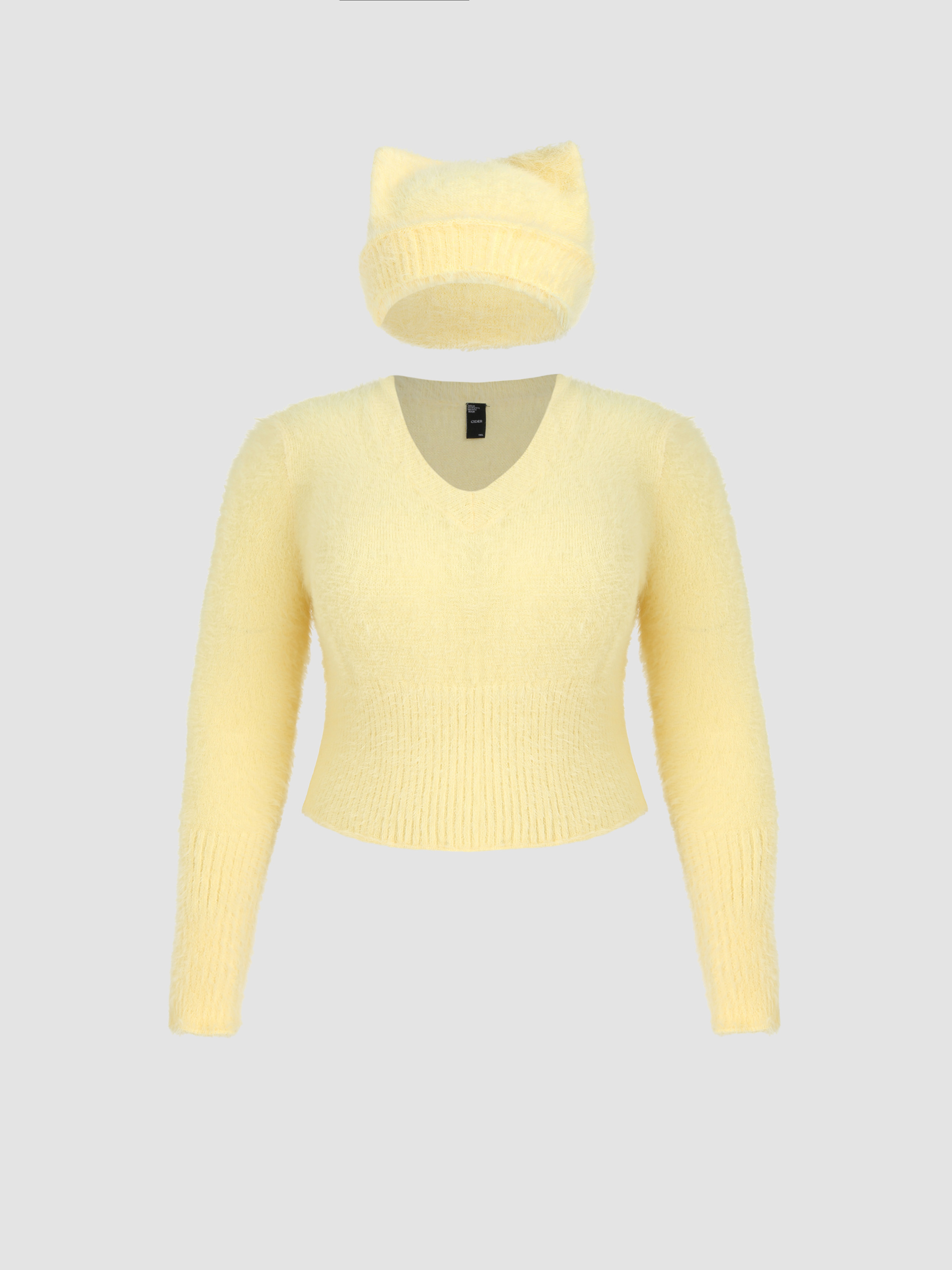 Knit Fabric V-neck Fuzzy Knitted Long Sleeve Crop Sweater With Cat Ear ...