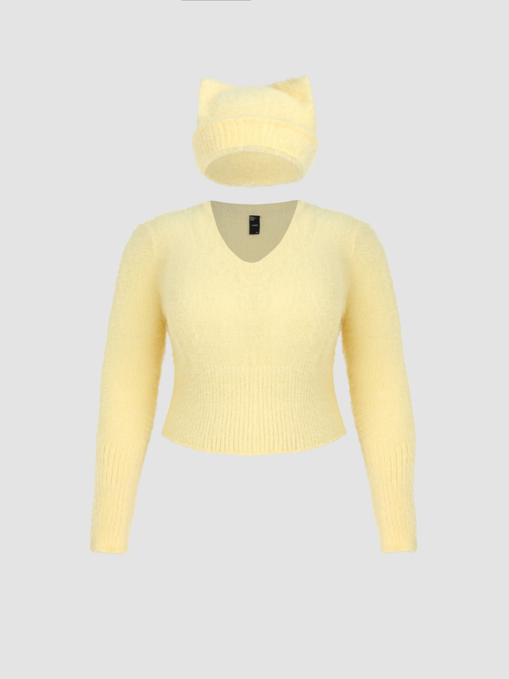  V-Ausschnitt Flauschiger Langärmliger Strick Crop Pullover Mit Katzenohren Hut Kurve & Plus