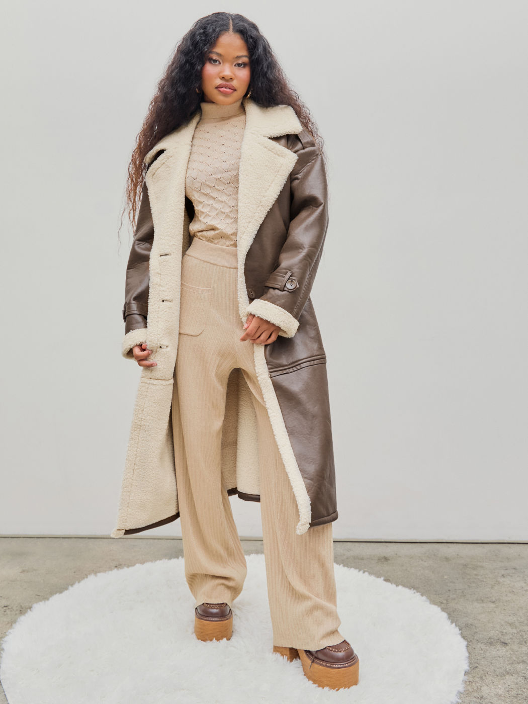  Faux Shearling Kragen Taschenknopf Mantel