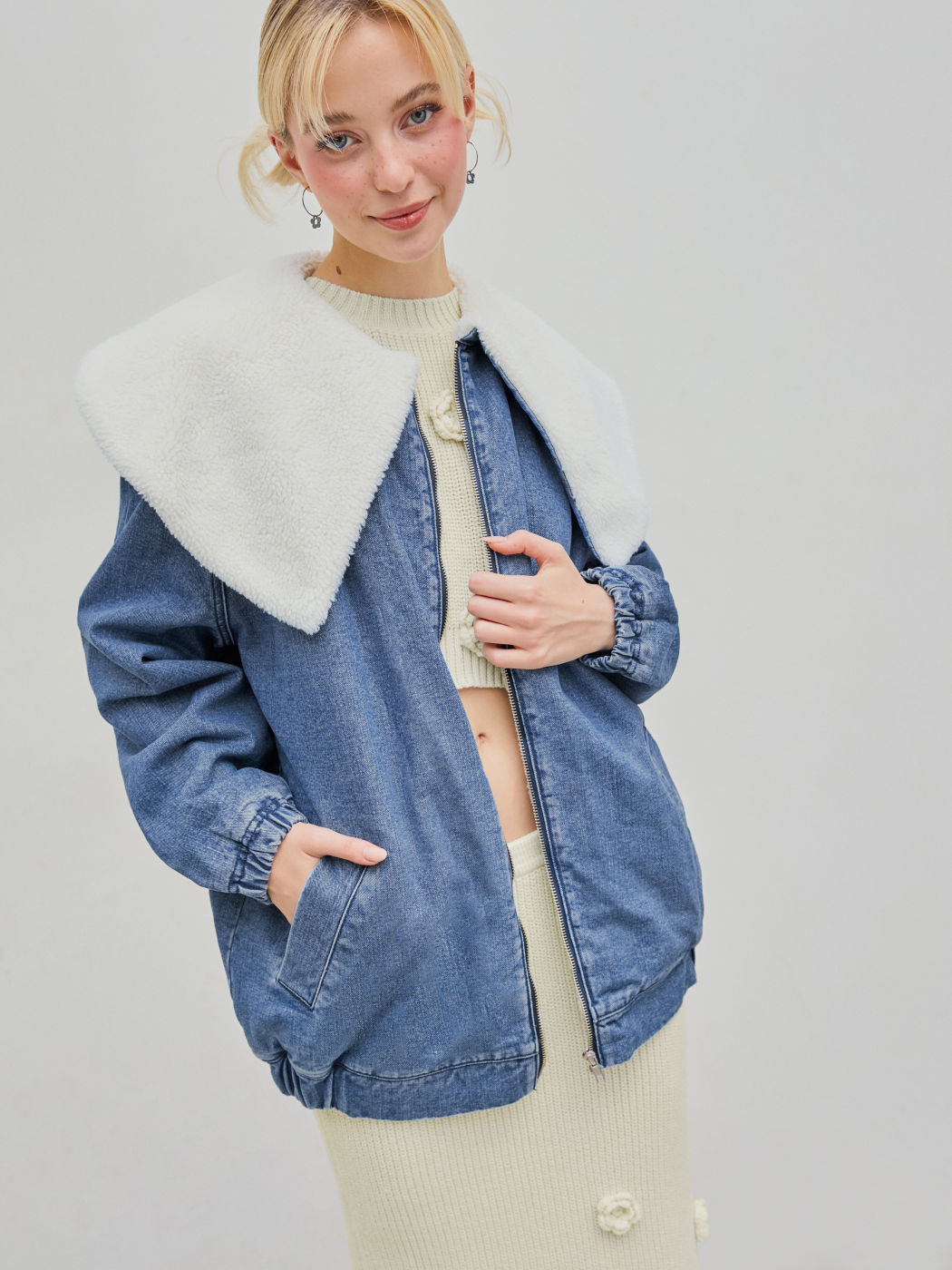  Fleece Kragen Solid Tasche Denim-Oberbekleidung