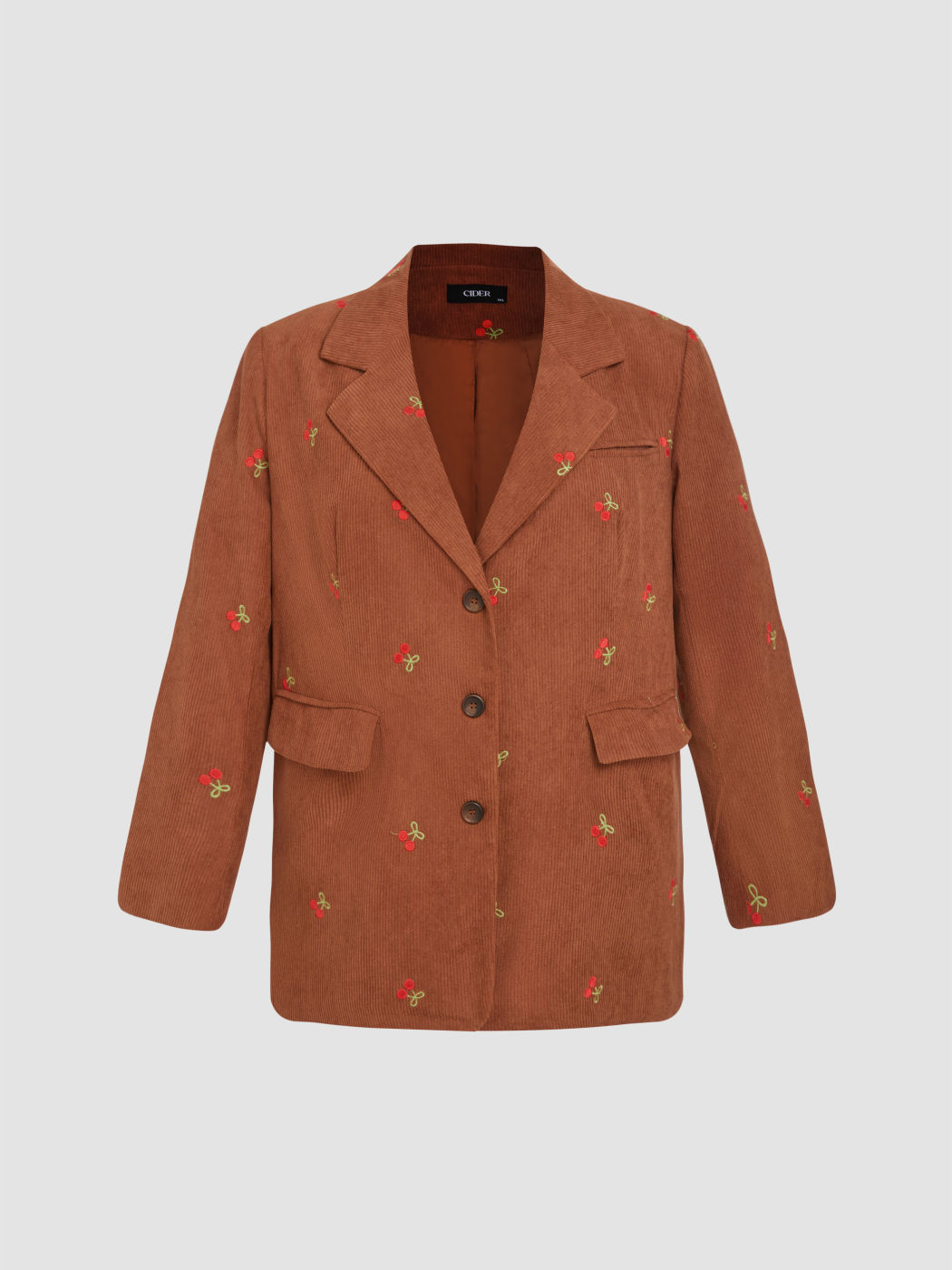 Corduroy Collar Embroidery Cherry Button Jacket Curve & Plus