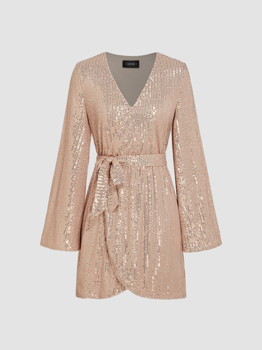 Mini abito avvolgente con scollo a V e cintura in paillettes