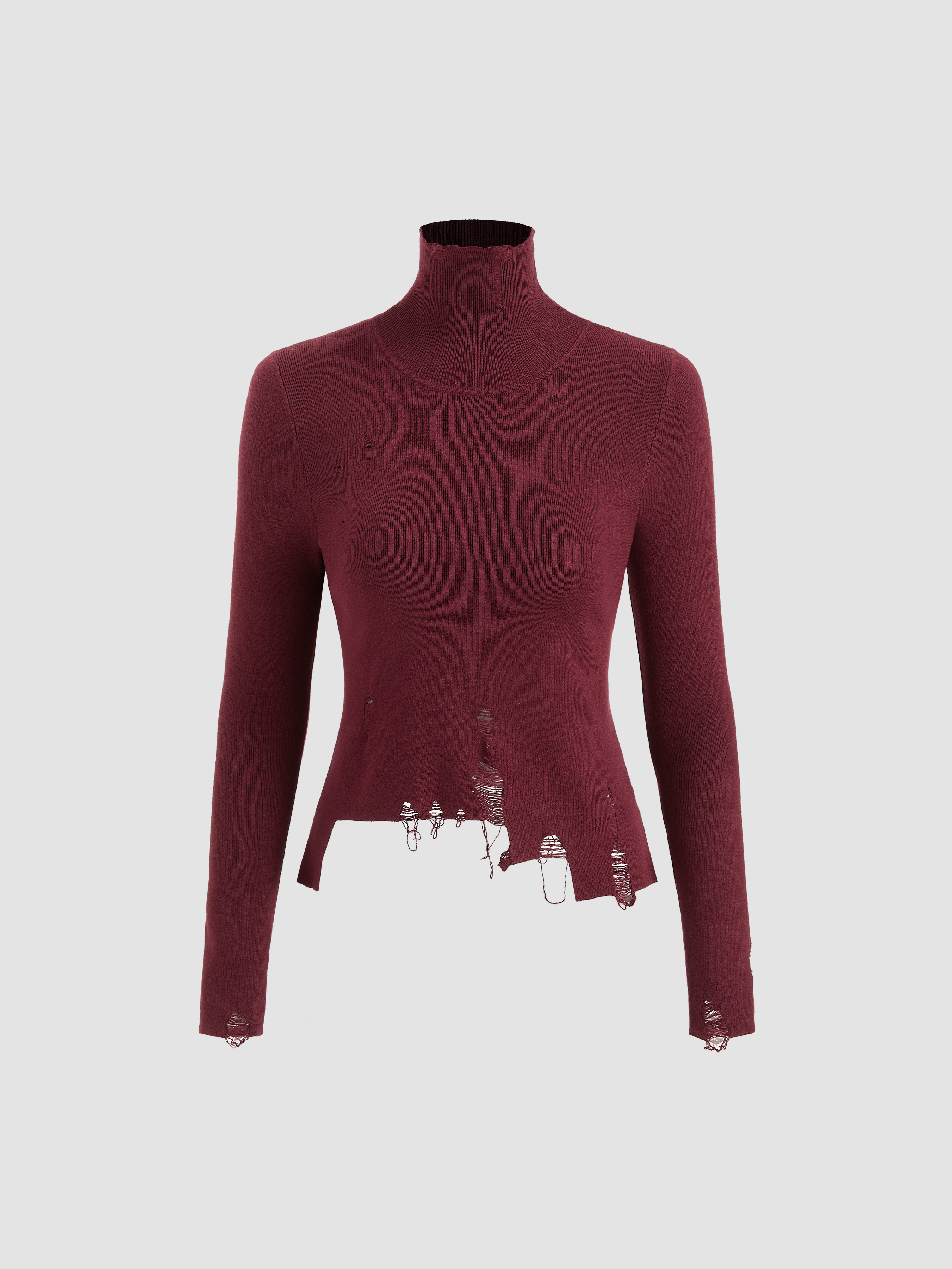 Knit Fabric Knit High Neck Ripped Long Sleeve Top For Daily
