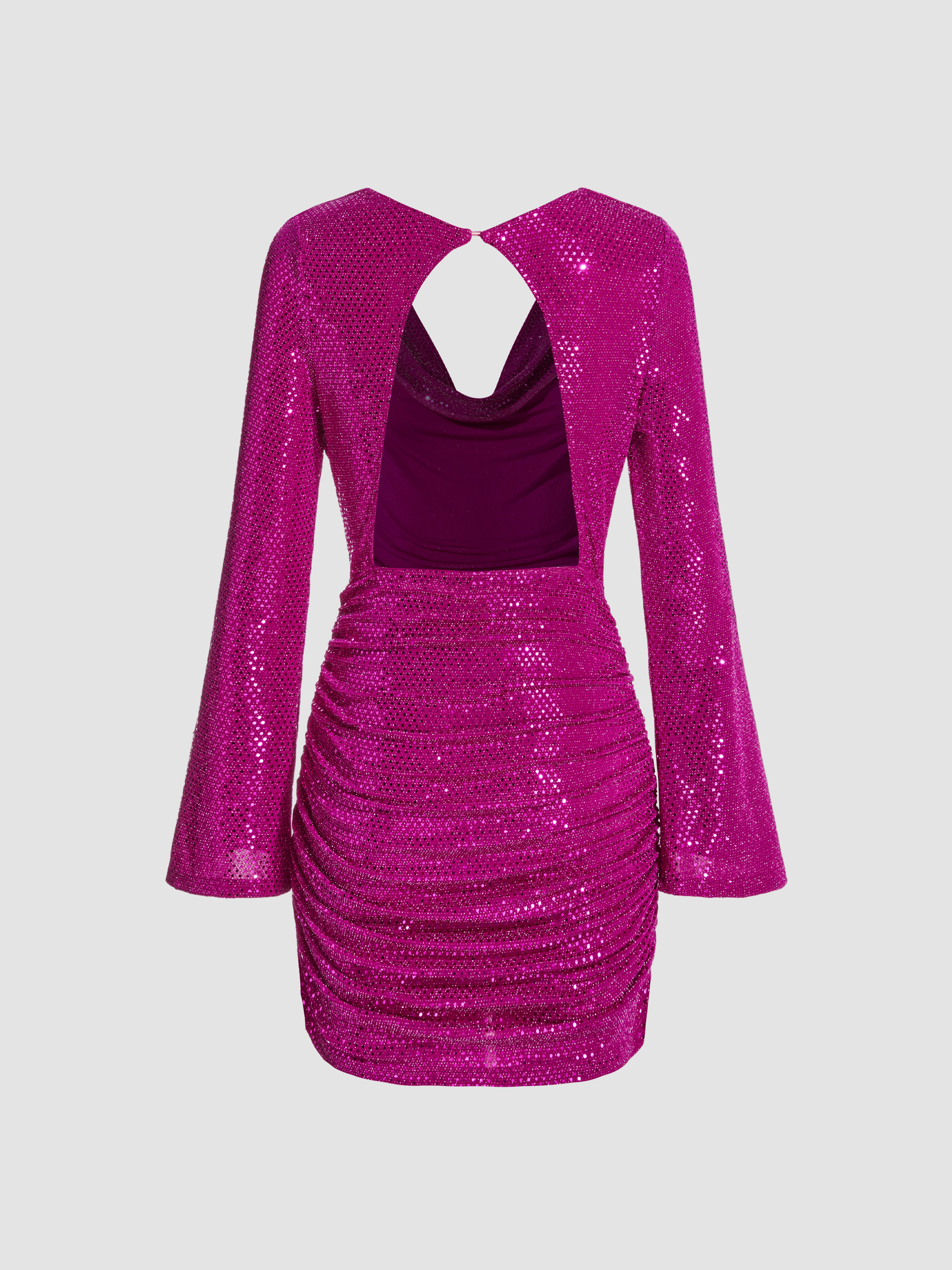 Robe Mini Dos Nu Pliss e Encolure Drap e en Sequins Cider