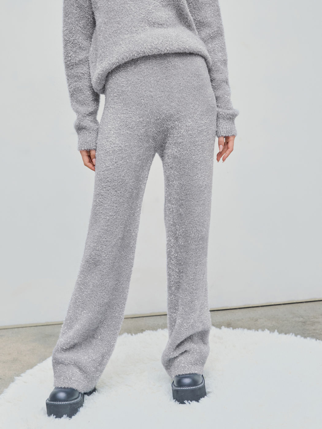 Fuzzy Mid Waist Straight Leg Metallic Knitted Trousers