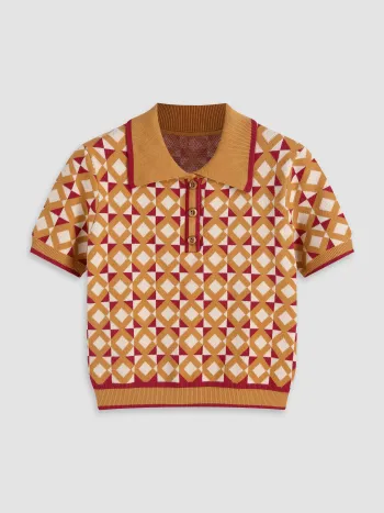 Strickkragen Geometrisch Knopf Kurzärmliges Oberteil