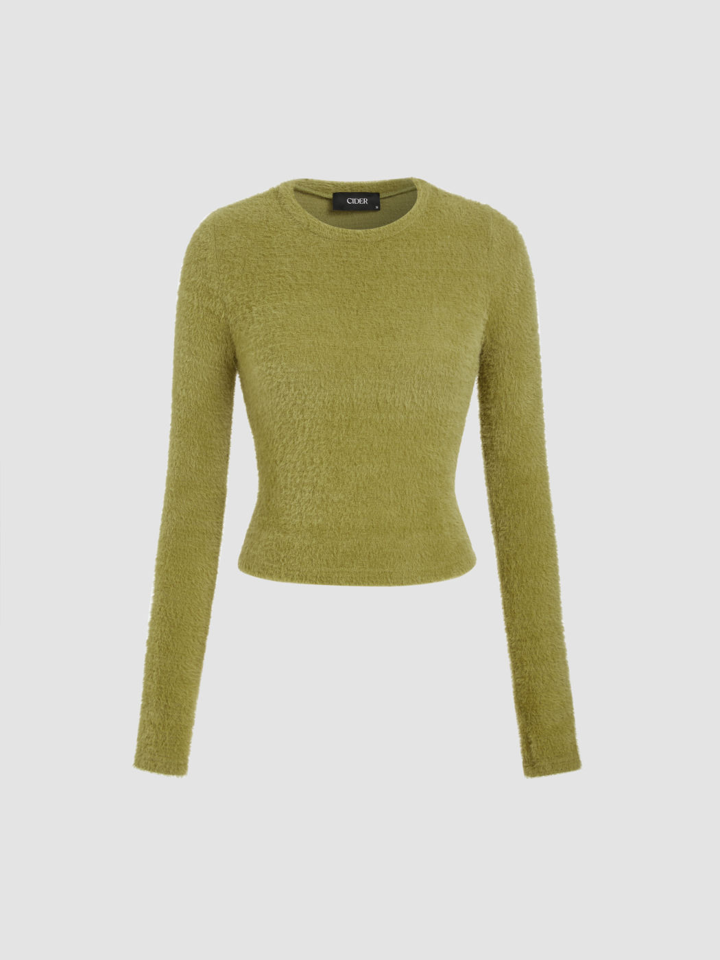Fuzzy Round Neckline Thumb Hole Solid Long Sleeve Top