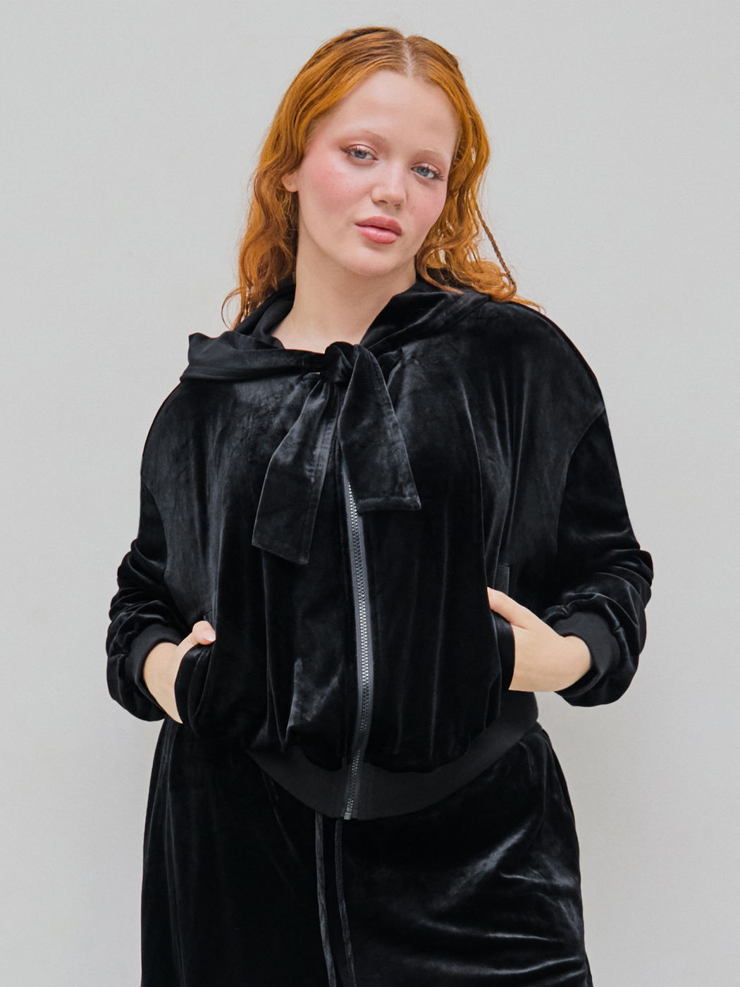 Velvet Round Neck Zipper Tie Front Crop Jacket Curve & Plus