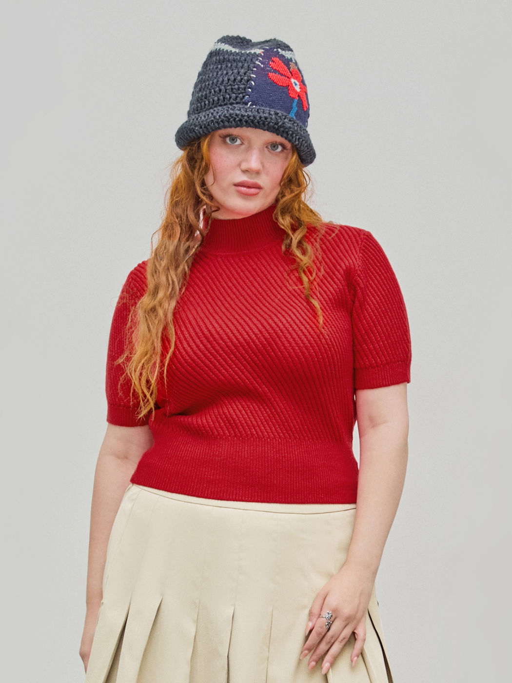  Hochhals Kurzärmliger Strickpullover Kurve & Plus