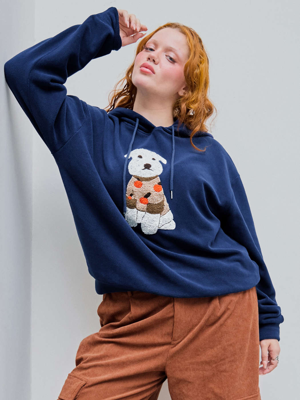 Terry Puppy Graphic Drawstring Hoodie Curve Plus For School