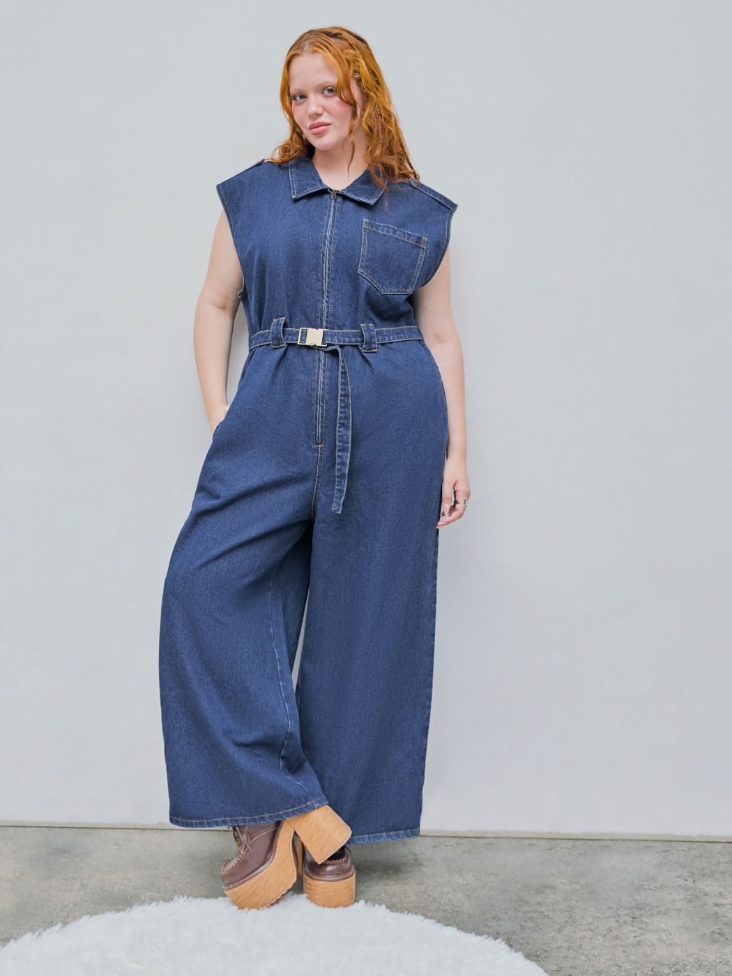 Denim-Taschen-Reißverschluss-Overall mit Gürtel Kurve & Plus