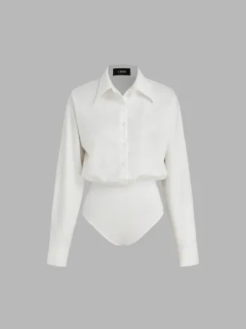 Langärmliges Hemd-Bodysuit mit Kragen und einfacher Farbe und Knöpfen