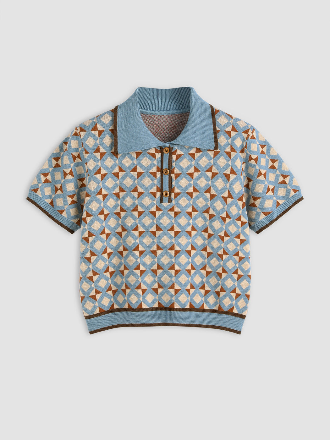Knit Collar Geometric Button Short Sleeve Top Curve & Plus