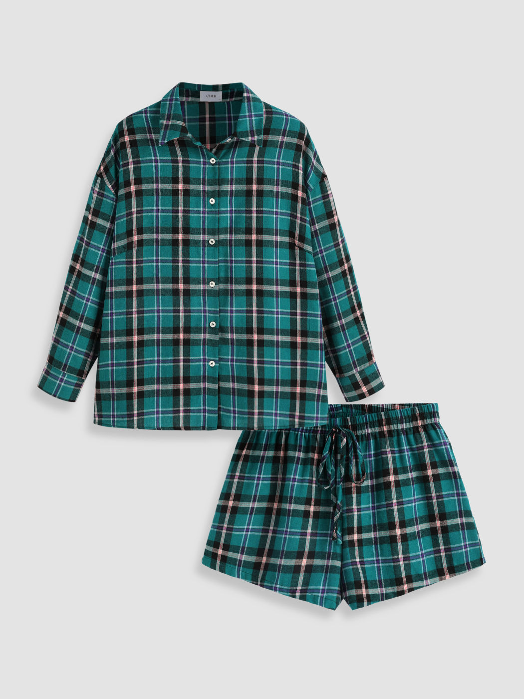  Kariertes Kragen Langärmliges Oberteil & Shorts mit Kordelzug Loungewear Set Kurve & Plus