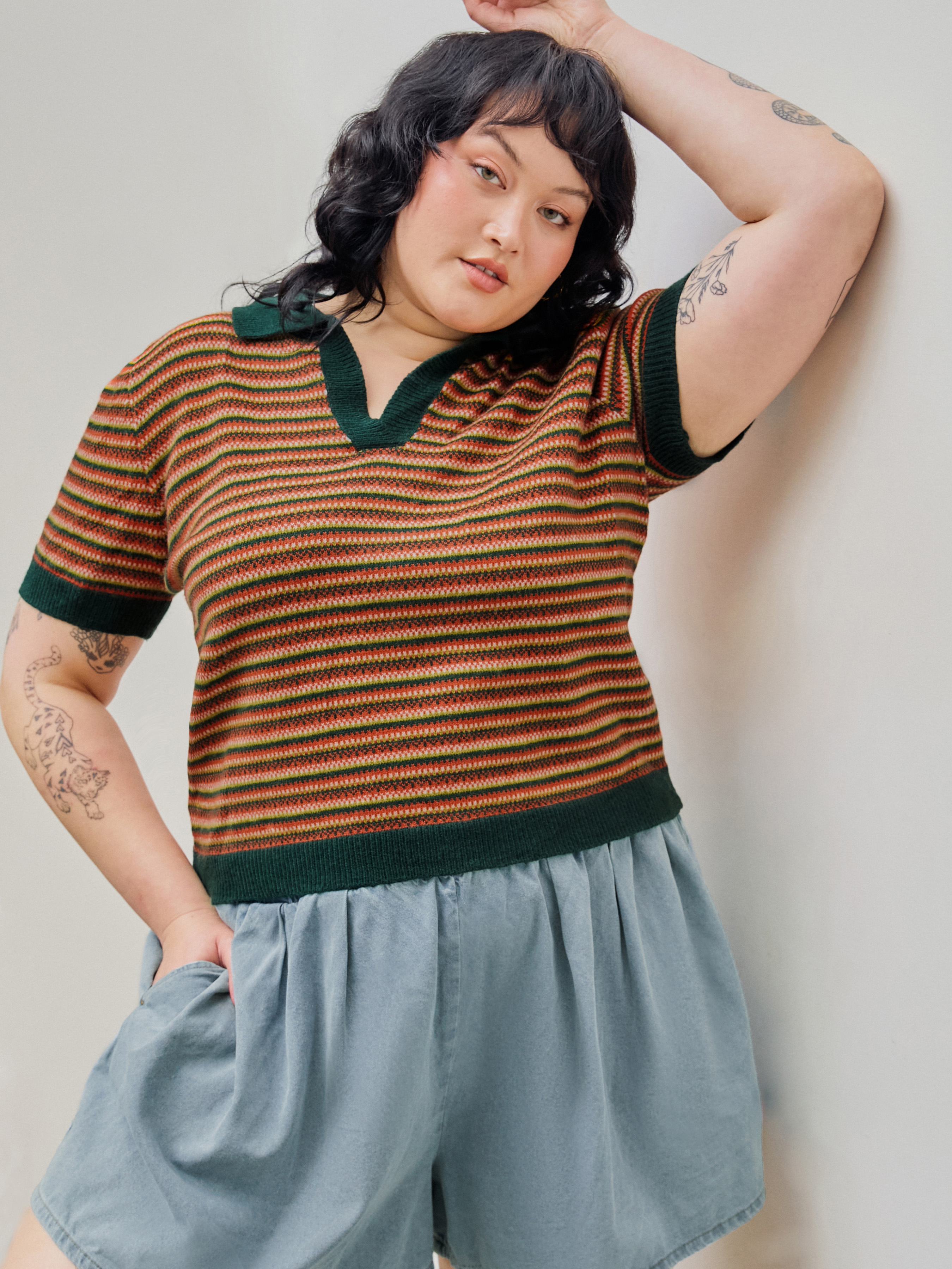 Material Collar Contrast Binding Striped Knitted Short
