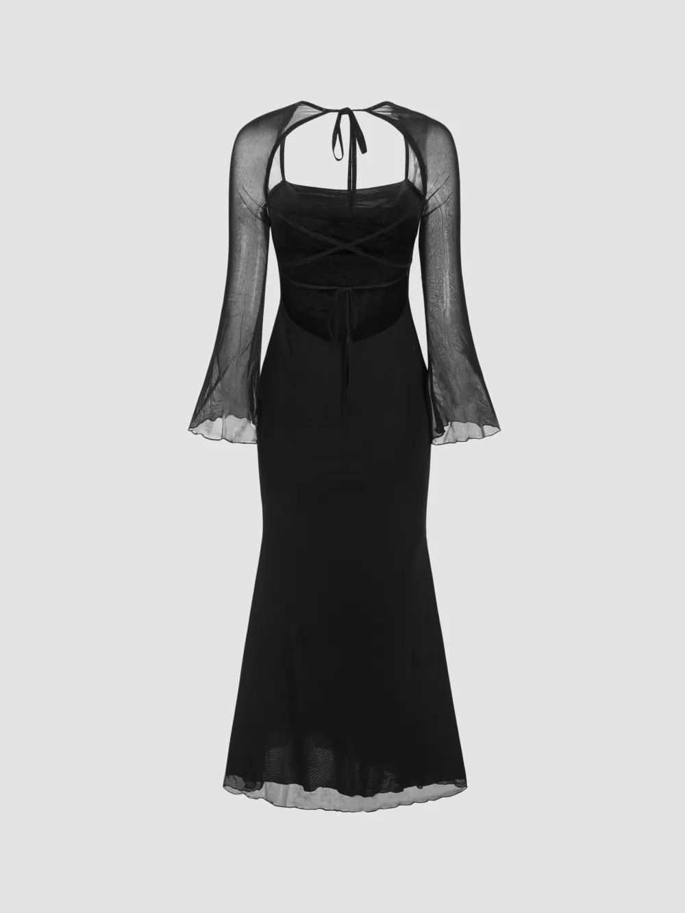 Mesh Square Neck Solid Drawstring Maxi Dress