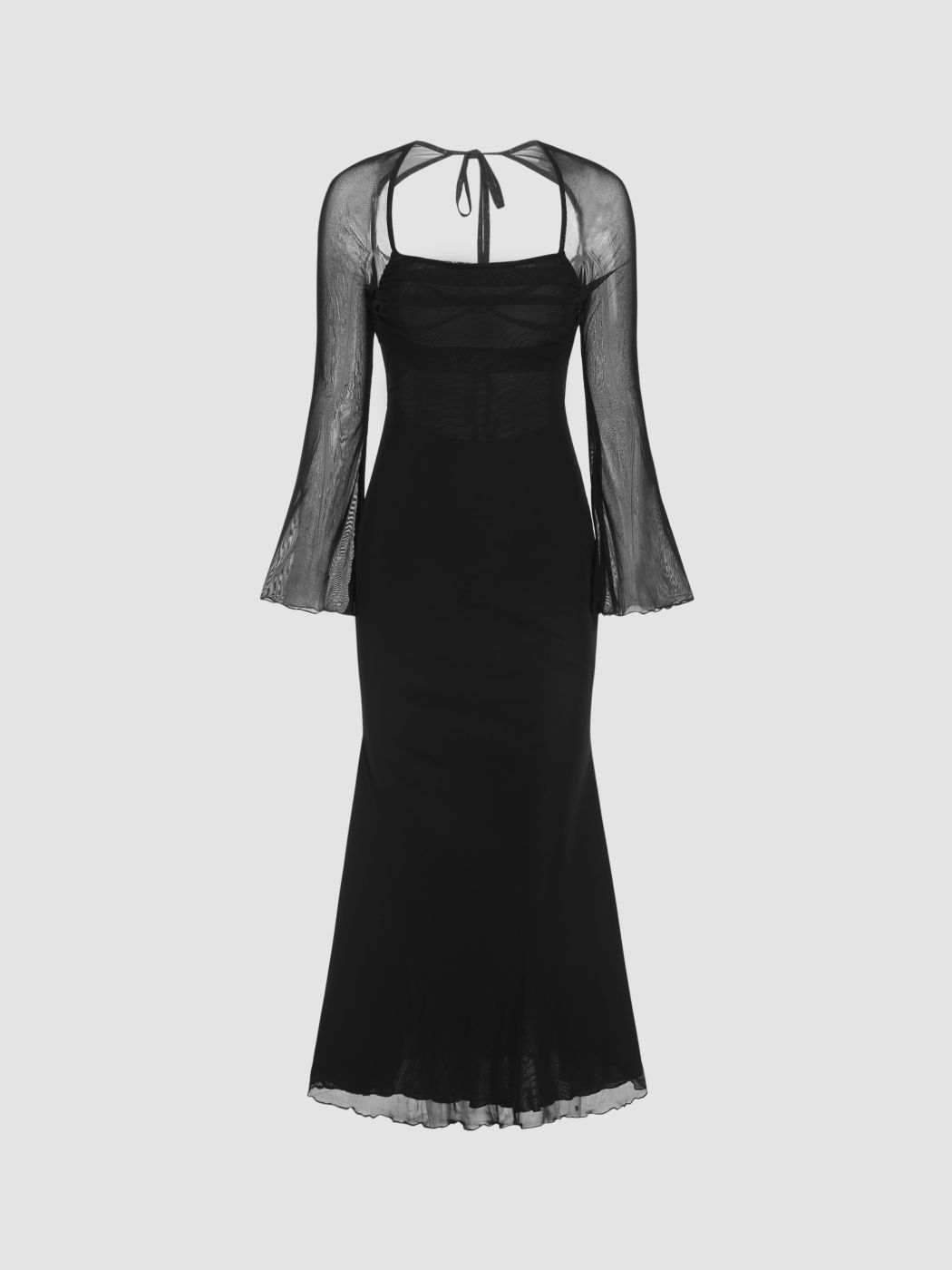 Maxikleid aus Netzstoff mit quadratischem Halsrand und Feststellriemen, einfarbig