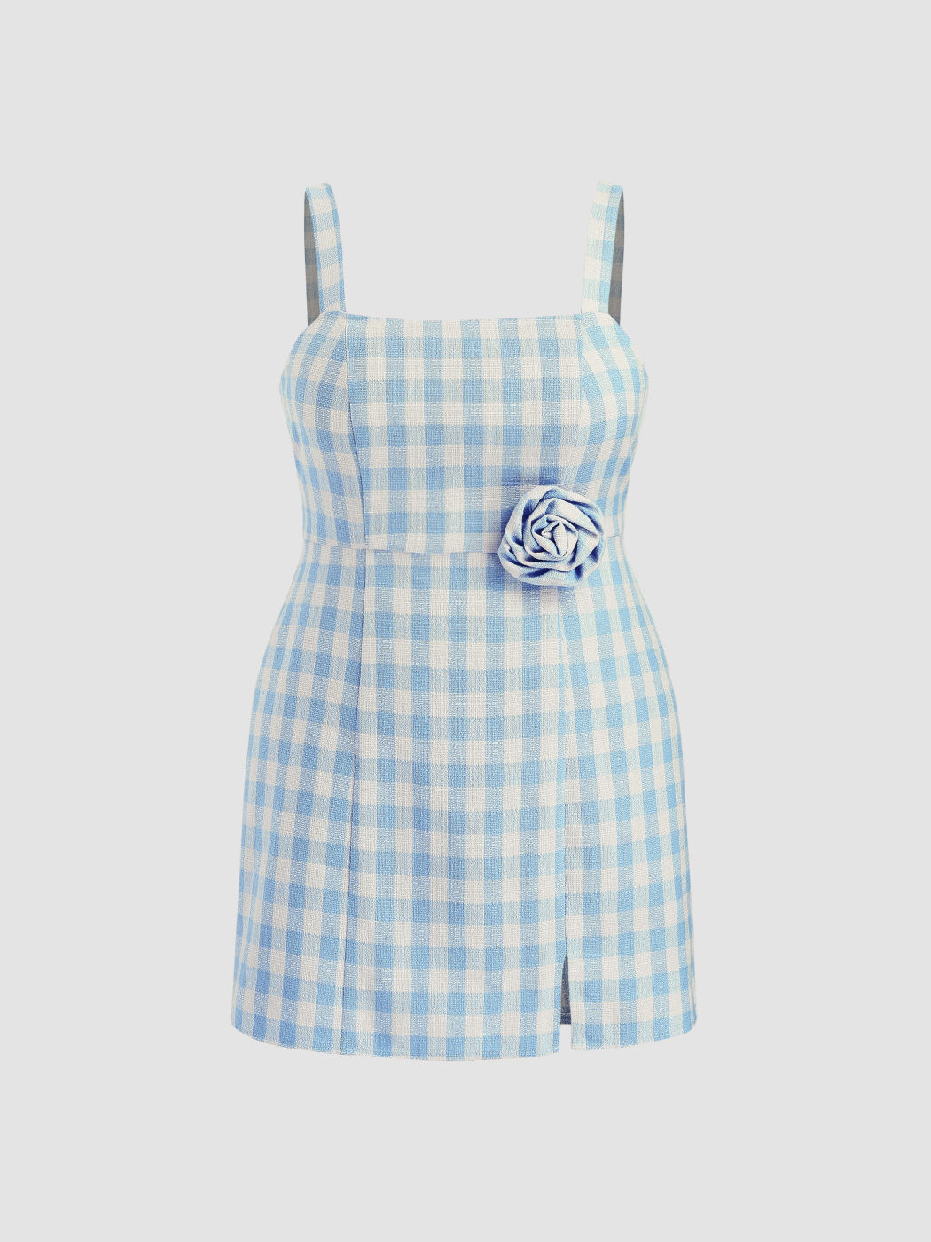 Square Neck Rosette Check Split Mini Dress Curve & Plus