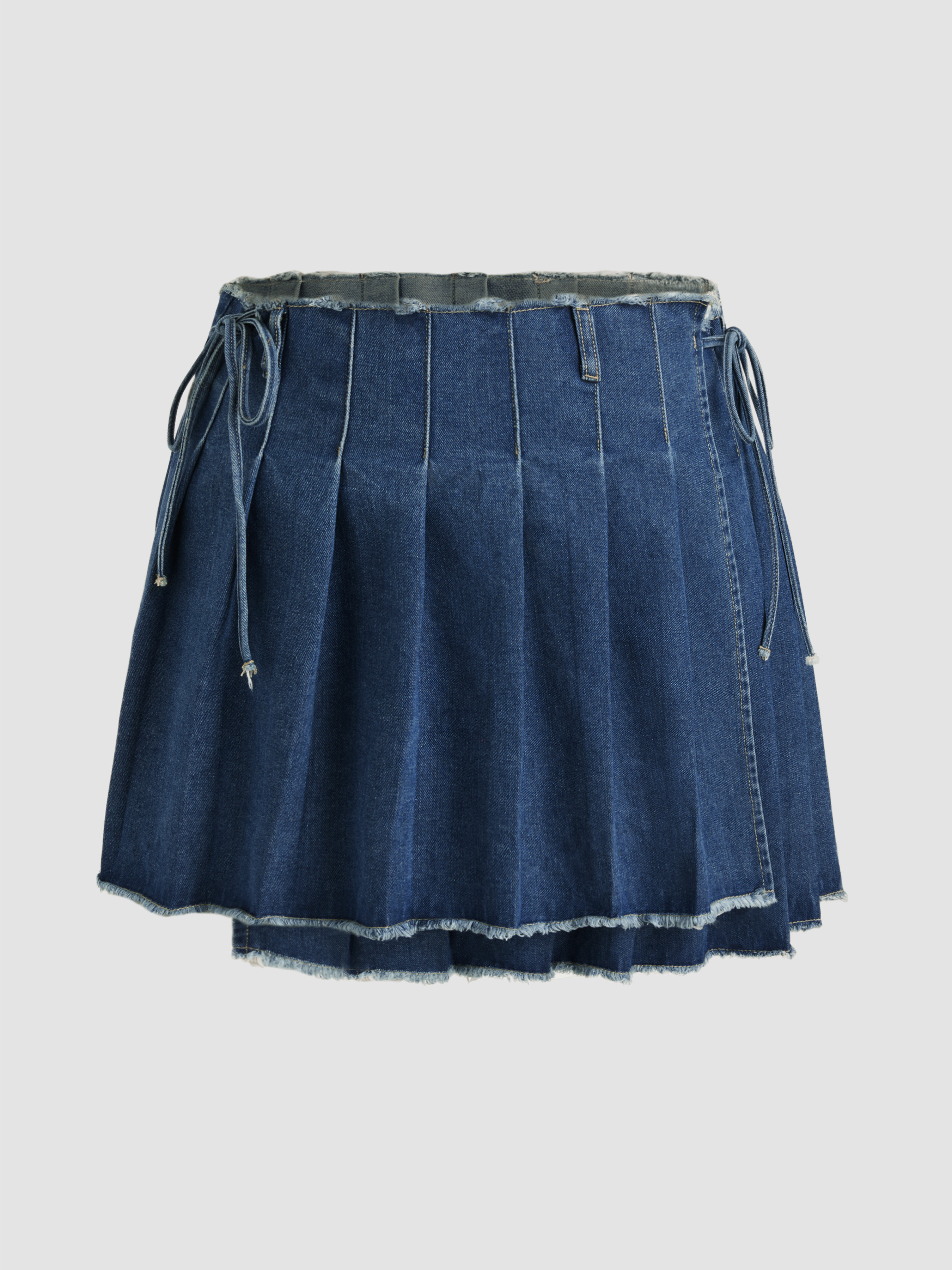 Jean Skirt Denim Washed Raw Hem Pleated Knotted Mini Skirt Curve And Plus For Daily Casual Date 5801