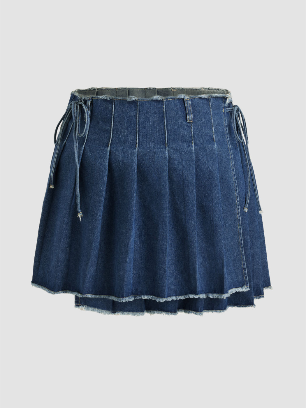 Denim Washed Raw Hem Pleated Knotted Mini Skirt Curve & Plus