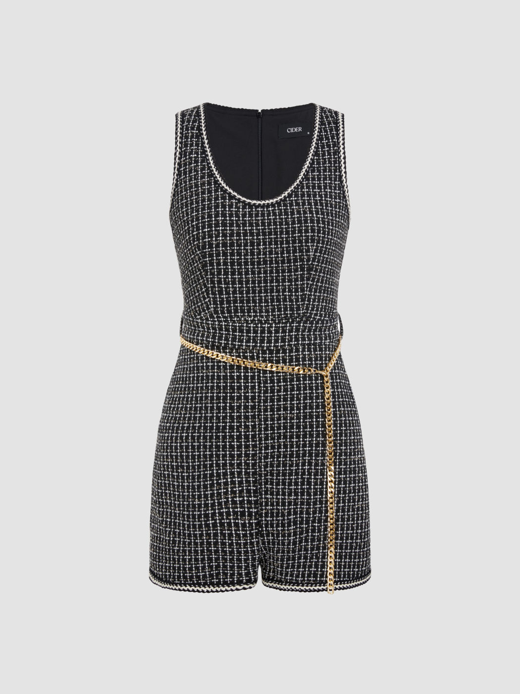 Tweed U-neckline Romper with Waist Chain