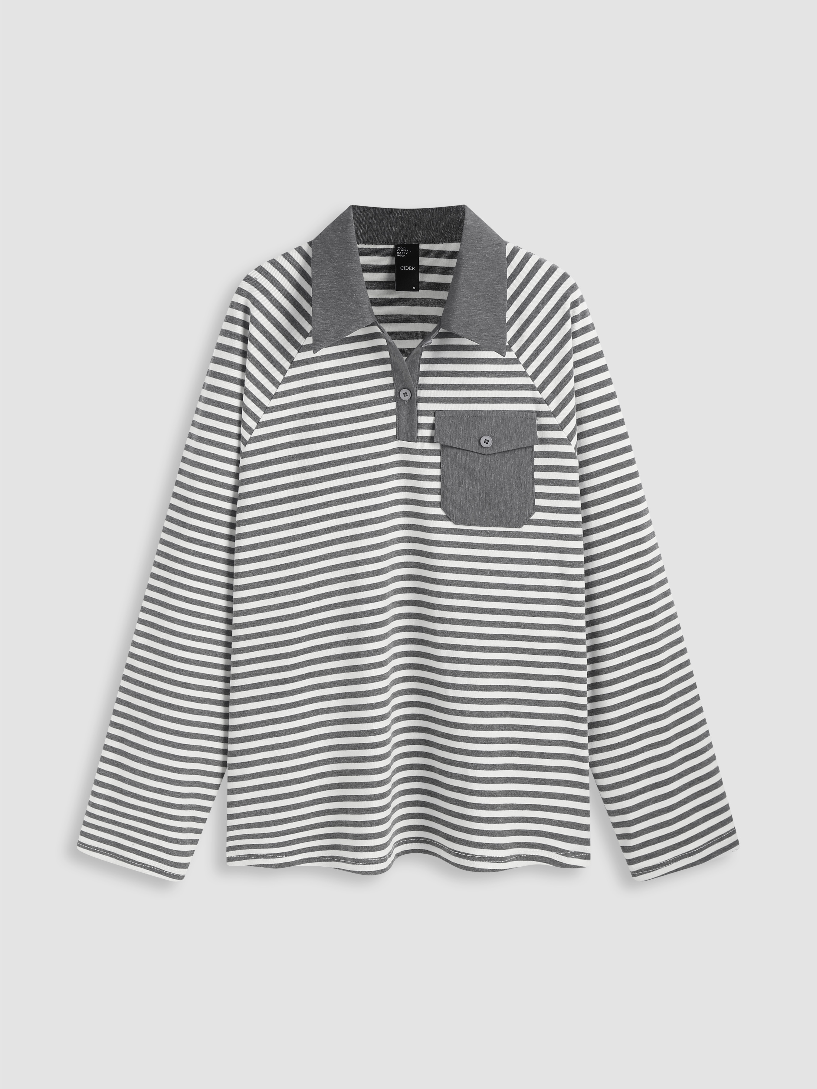 Collar Stripe Button Pocket Long Sleeve Tee For School Daily Casual