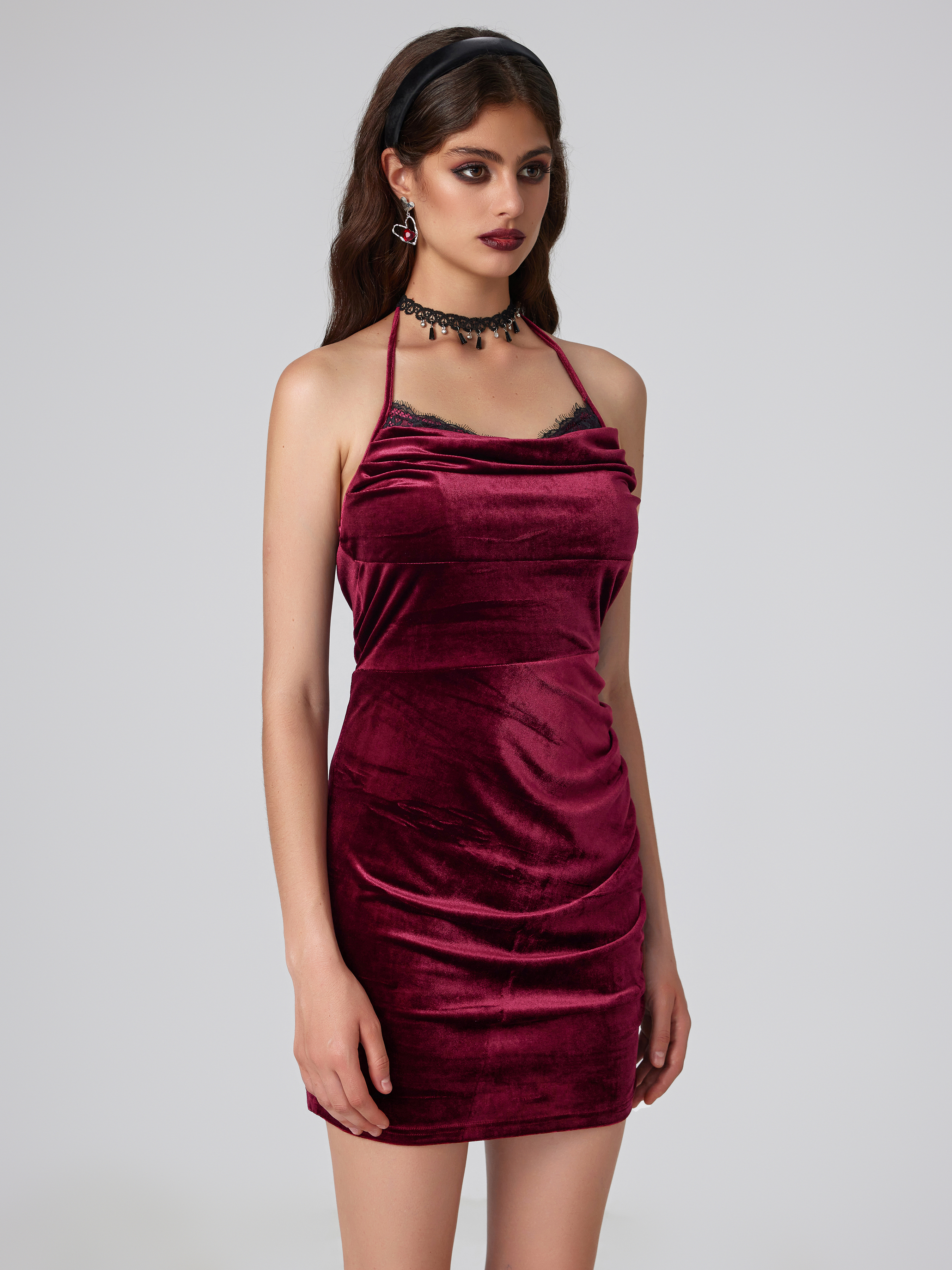 Cowl Neck Bodycon Maroon Velvet Bodycon Dress Chocolate Velvet One