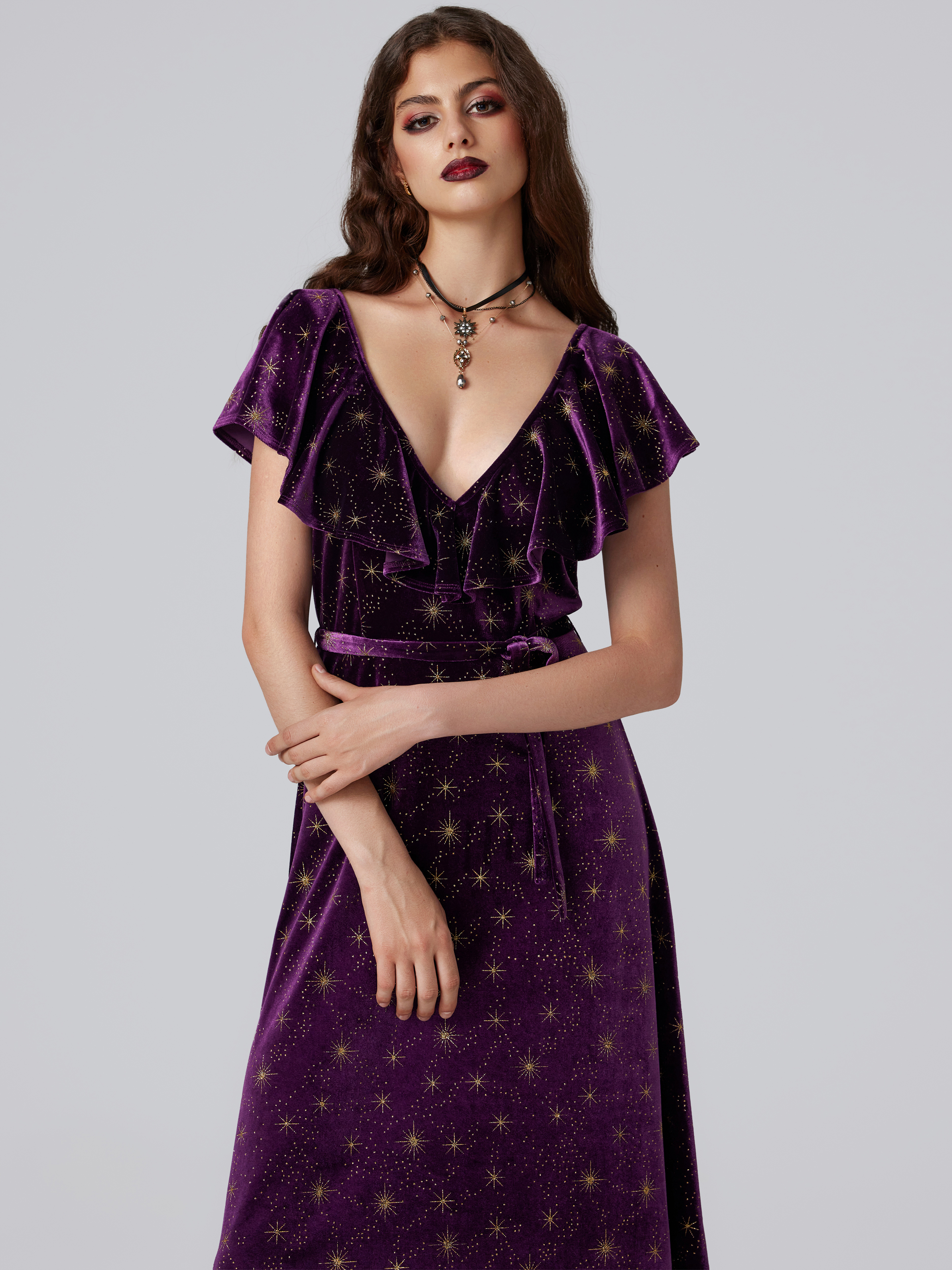 Velvet V-neck Star Ruffle Tie Back Midi Dress