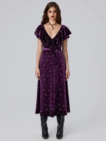 Velvet V-neck Star Ruffle Tie Back Midi Dress