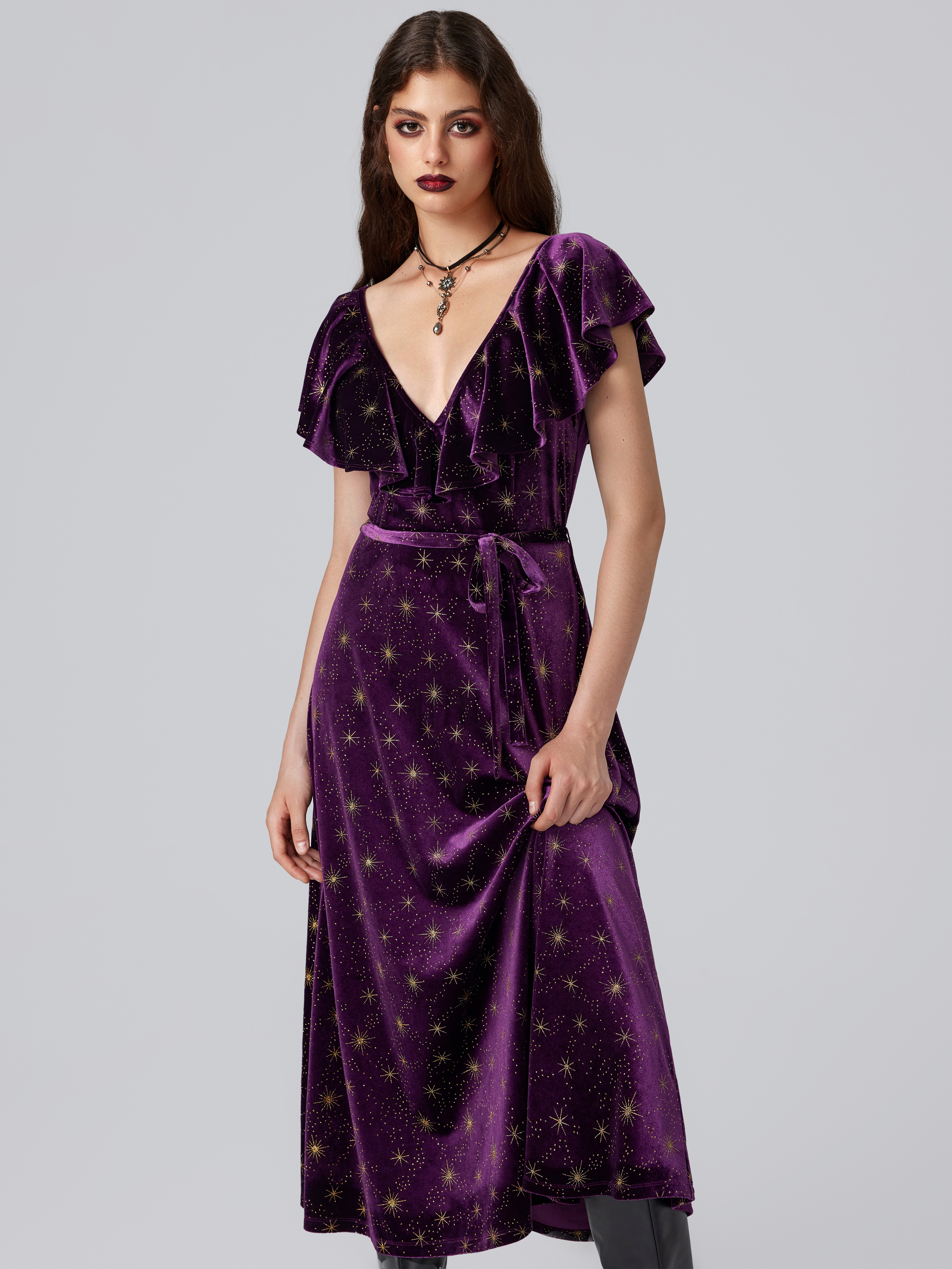 Velvet V-neck Star Ruffle Tie Back Midi Dress