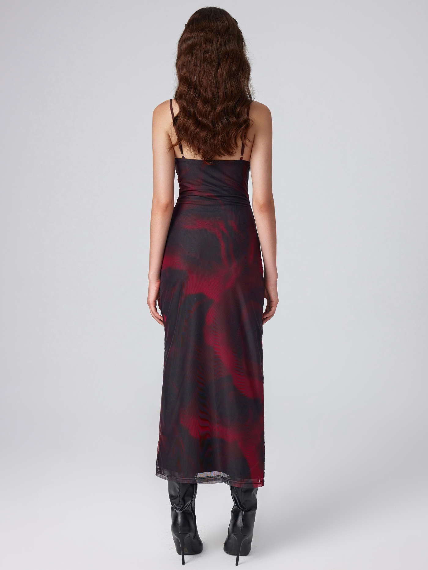 Mesh Cowl Neck Ruched Split Midi Dress