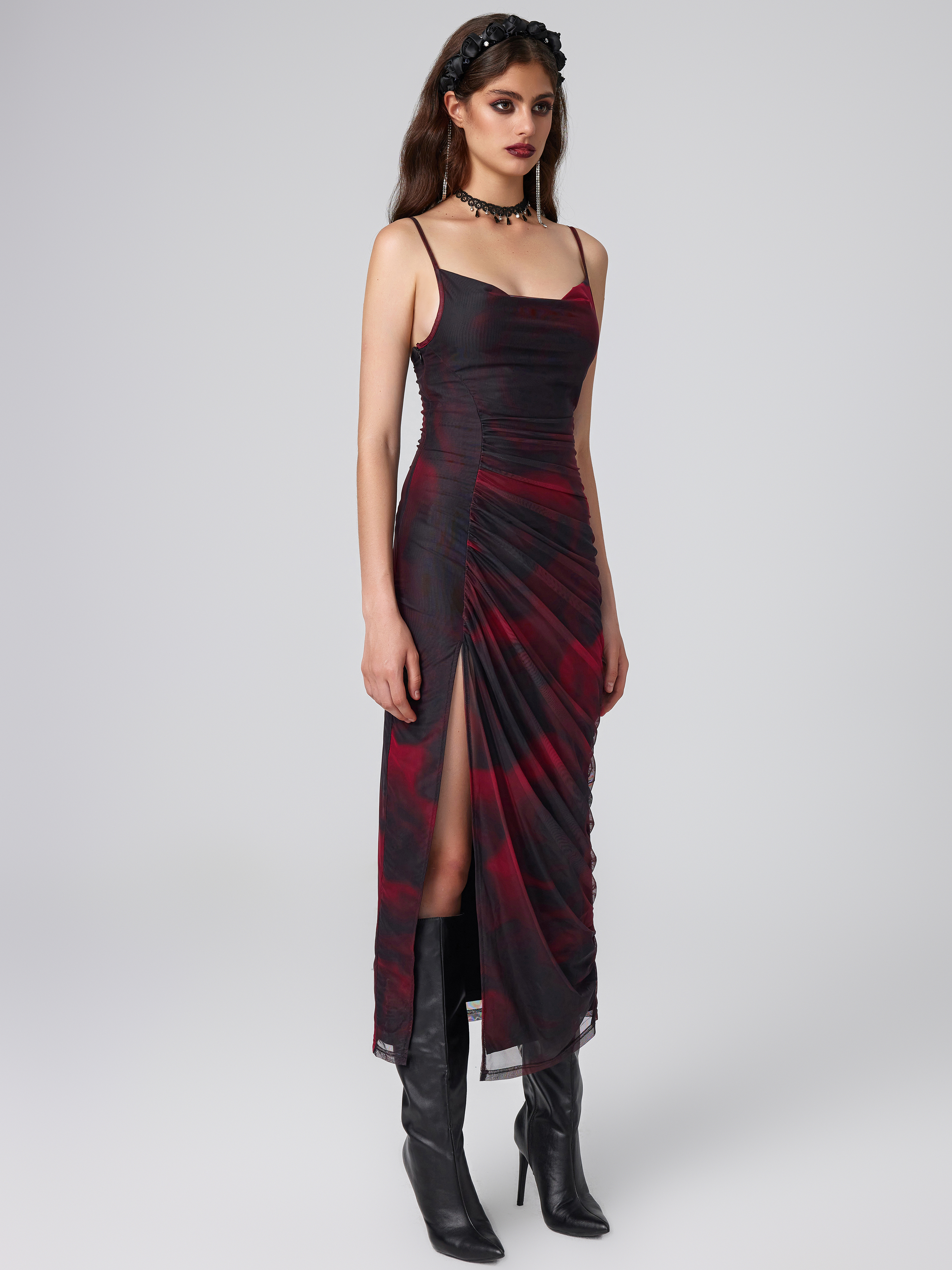 shape red mesh cowl ruched midi dress Mesh Mesh Cowl Neck Ruched Split Midi Dress For Daily Casual Coffee Shop