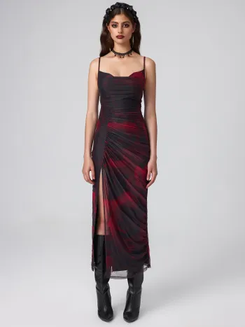 Mittellange Mesh-Kleid mit Rundhalsausschnitt und geschlitzten Saum