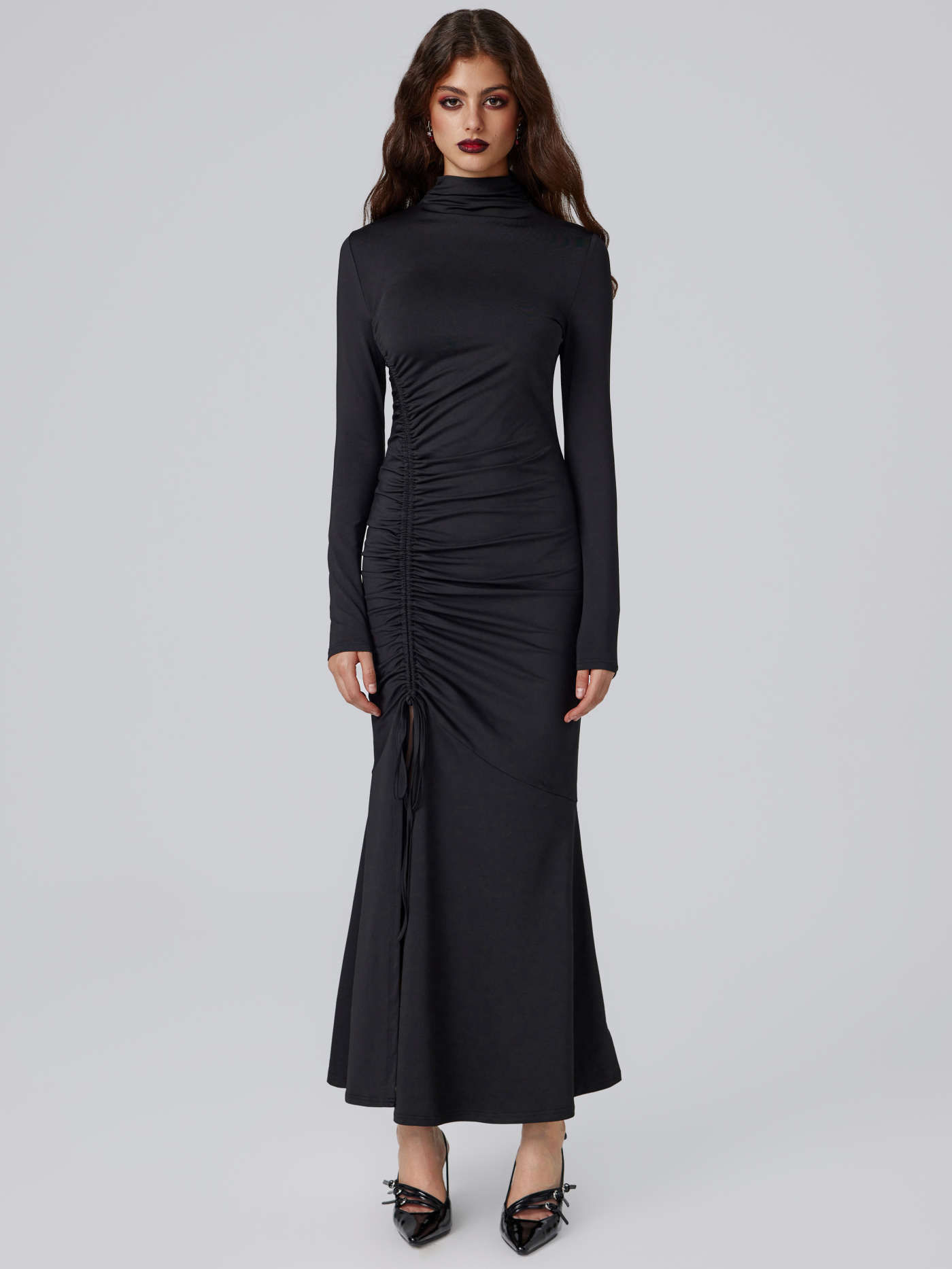 Stand Collar Solid Drawstring Mermaid Maxi Dress