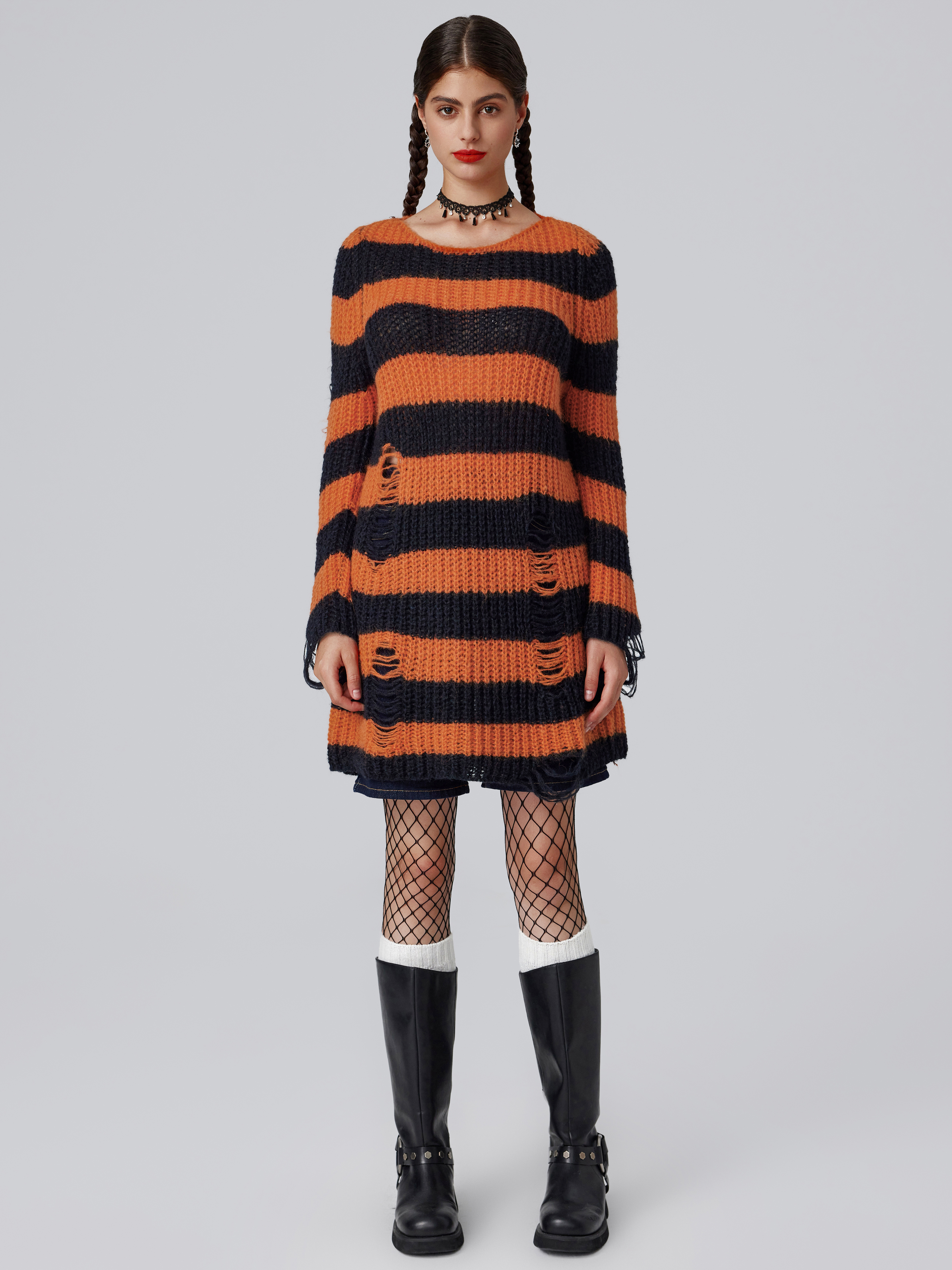 Wool-blend U-neck Stripe Ripped Knitted Mini Dress - Cider
