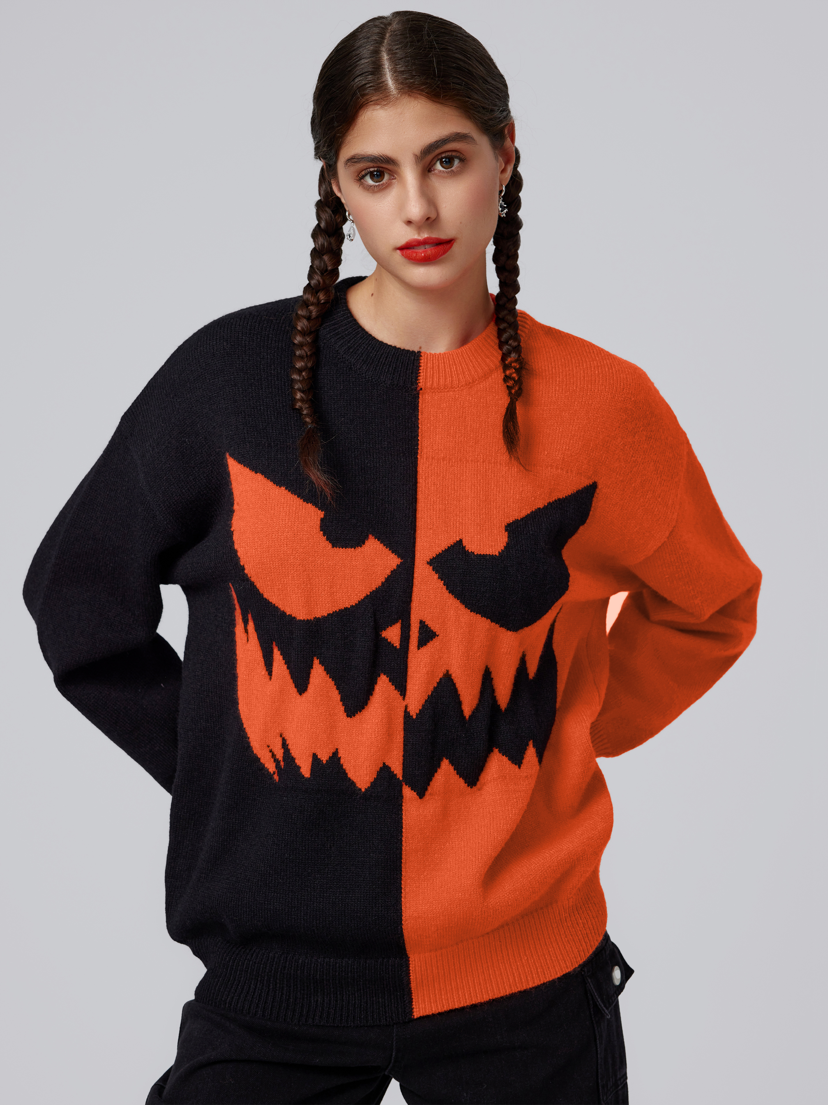 Halloween Outfits Halloween Pumpkin Sweater Knit Fabric Halloween Round Neck Patchwork Pumpkin Long Sleeve Sweater For Daily Casual