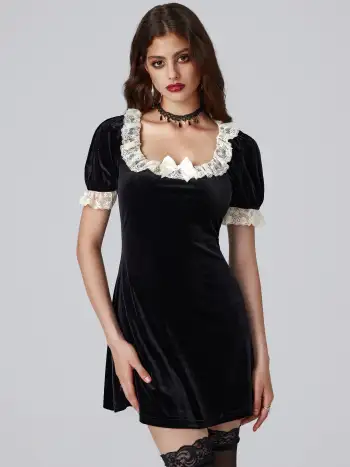 Velvet Scoop Neck Lace Bowknot Mini Dress