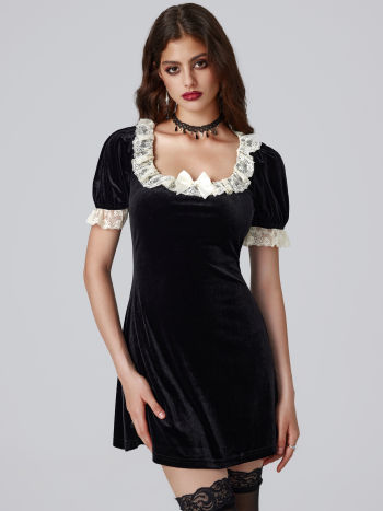 Robes de soleil Robe de remise des diplômes Robes de fin d'études Velours Velvet Square Neck Solid Bowknot Mini Dress For École Décontracté quotidien Rencard Café