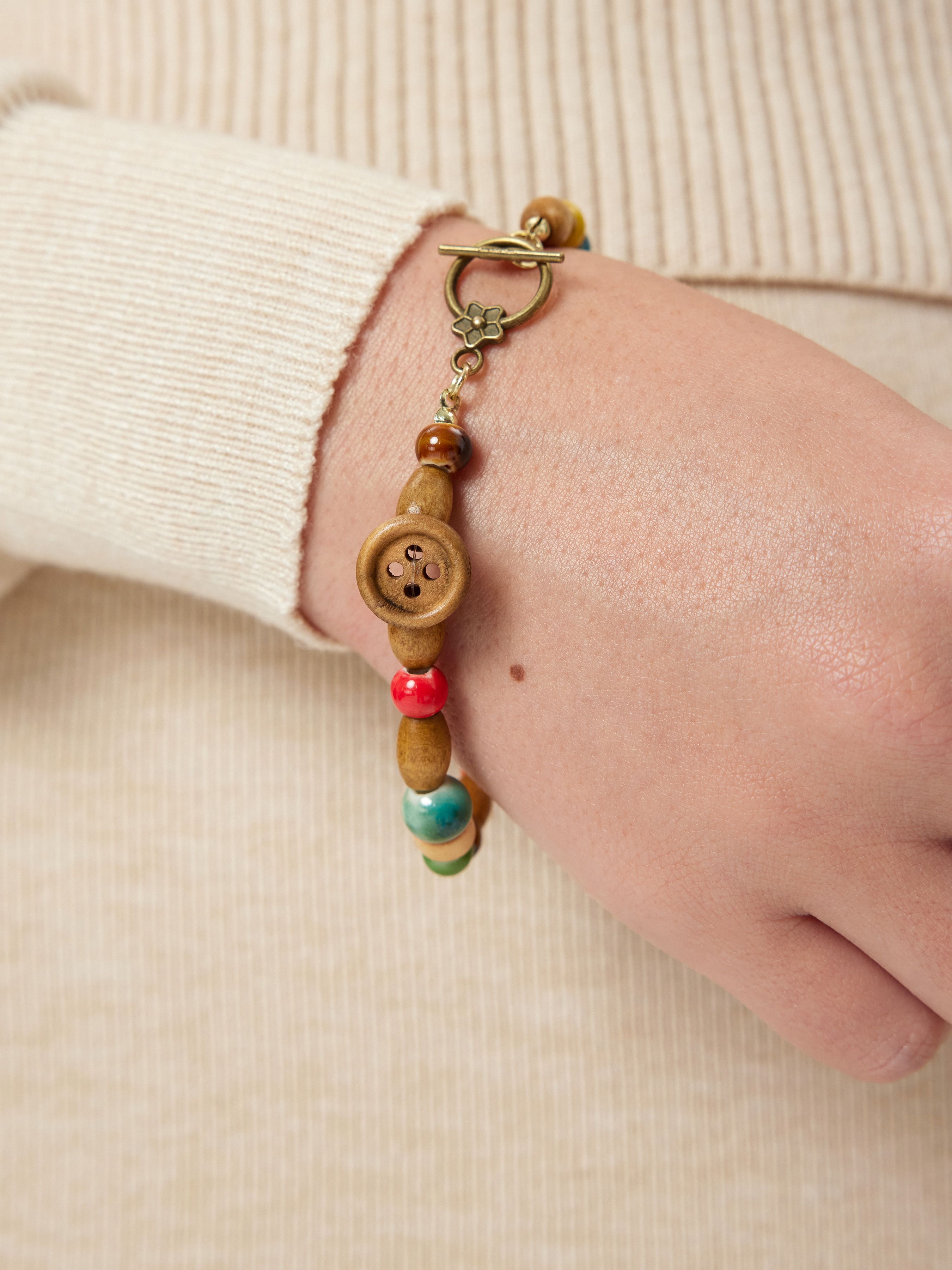 木材 ウッド・ビーズ・ボタン・ブレスレット For デイリーカジュアル