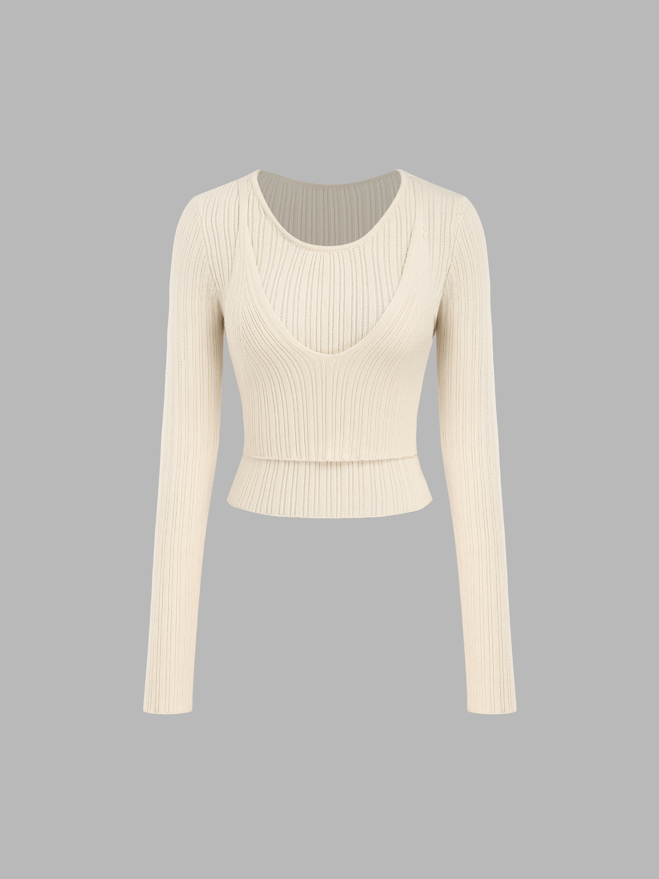 Round Neckline Fake Two Piece Knitted Long Sleeve Top