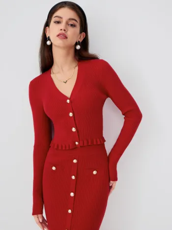 V-neck Solid Button Knitted Crop Top