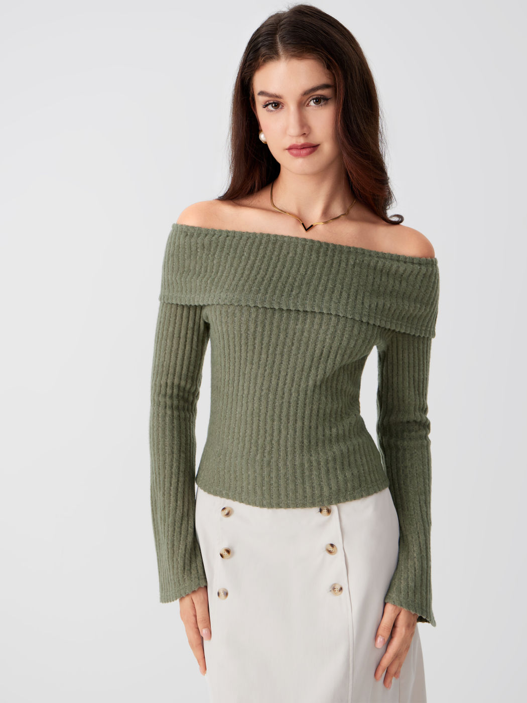 City Chic Knit Fabric Off-shoulder Solid Long Sleeve Top For Daily ...