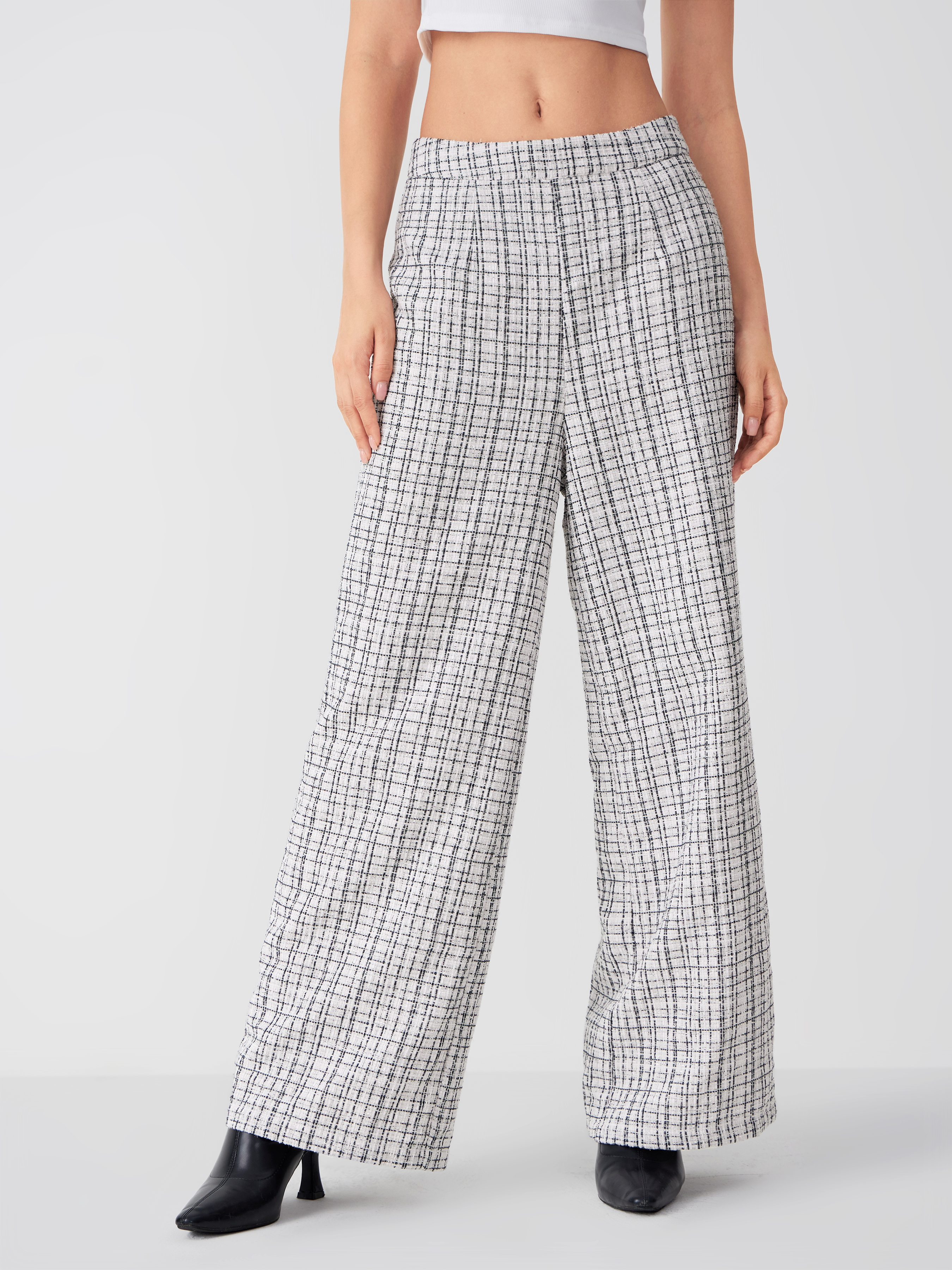 Tweed High Waist Checks Zipper Wide Leg Trousers For Daily