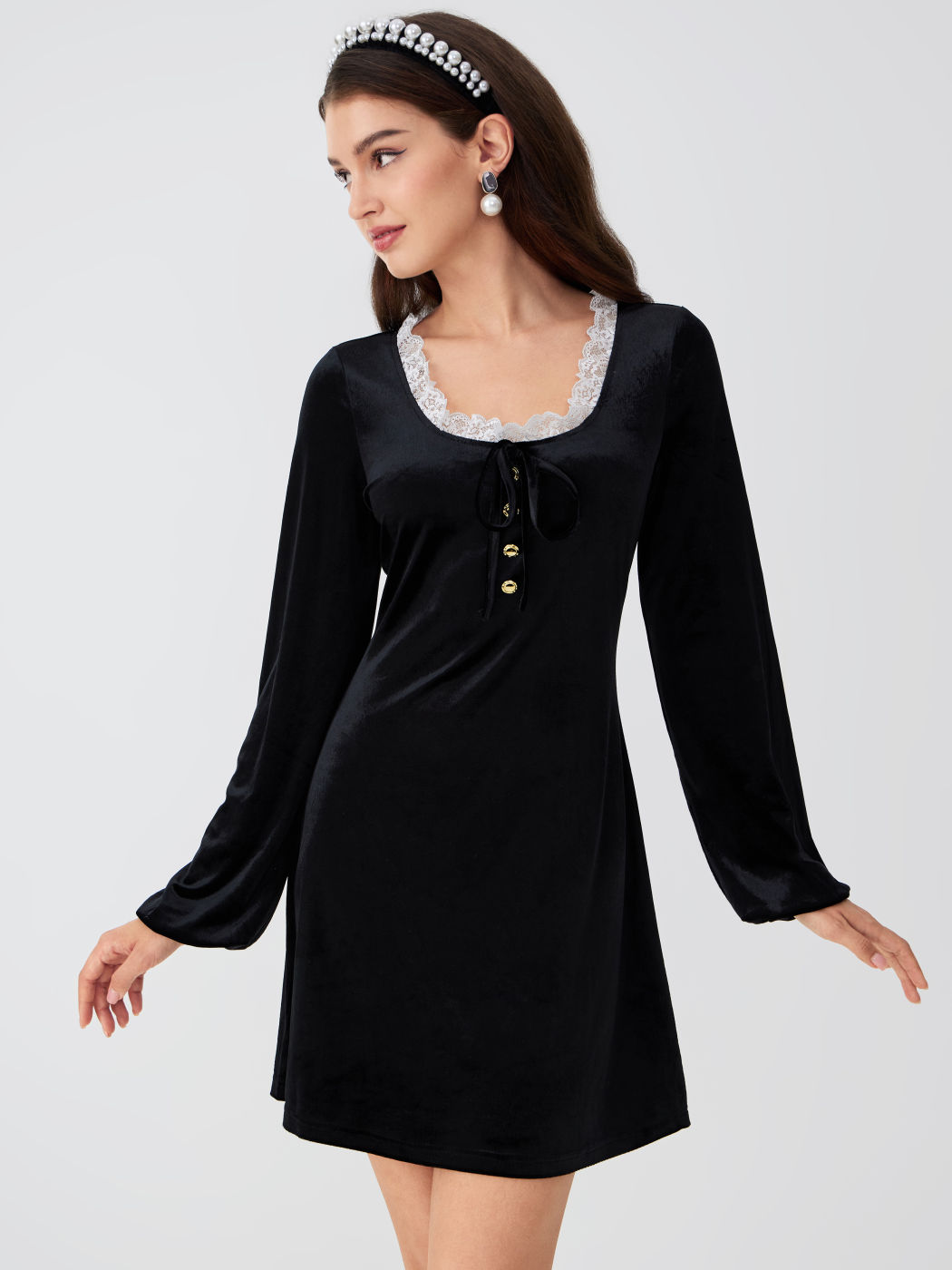  Seiden Quadratischer Ausschnitt Spitze Kordelzug Minikleid