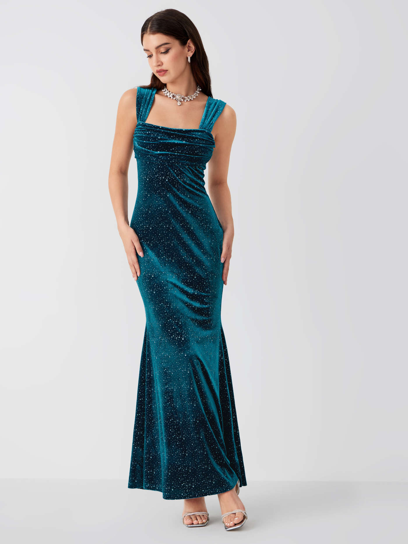 Velvet Off-shoulder Star Ruched Maxi Dress