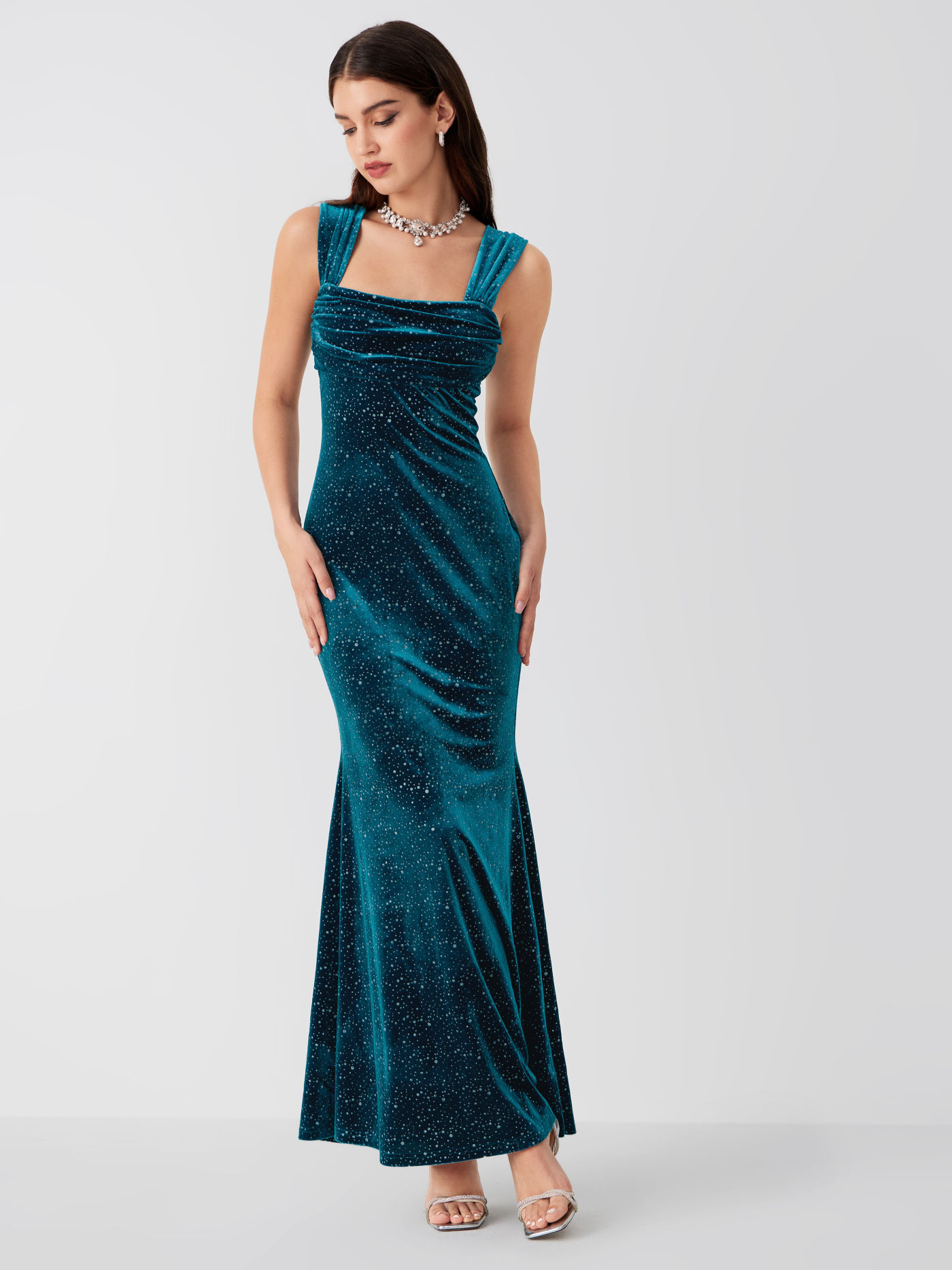 Velvet Off-shoulder Star Ruched Maxi Dress