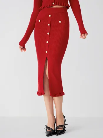  Mittlere Taille Einfarbig Geteiltes Strick Maxikleid