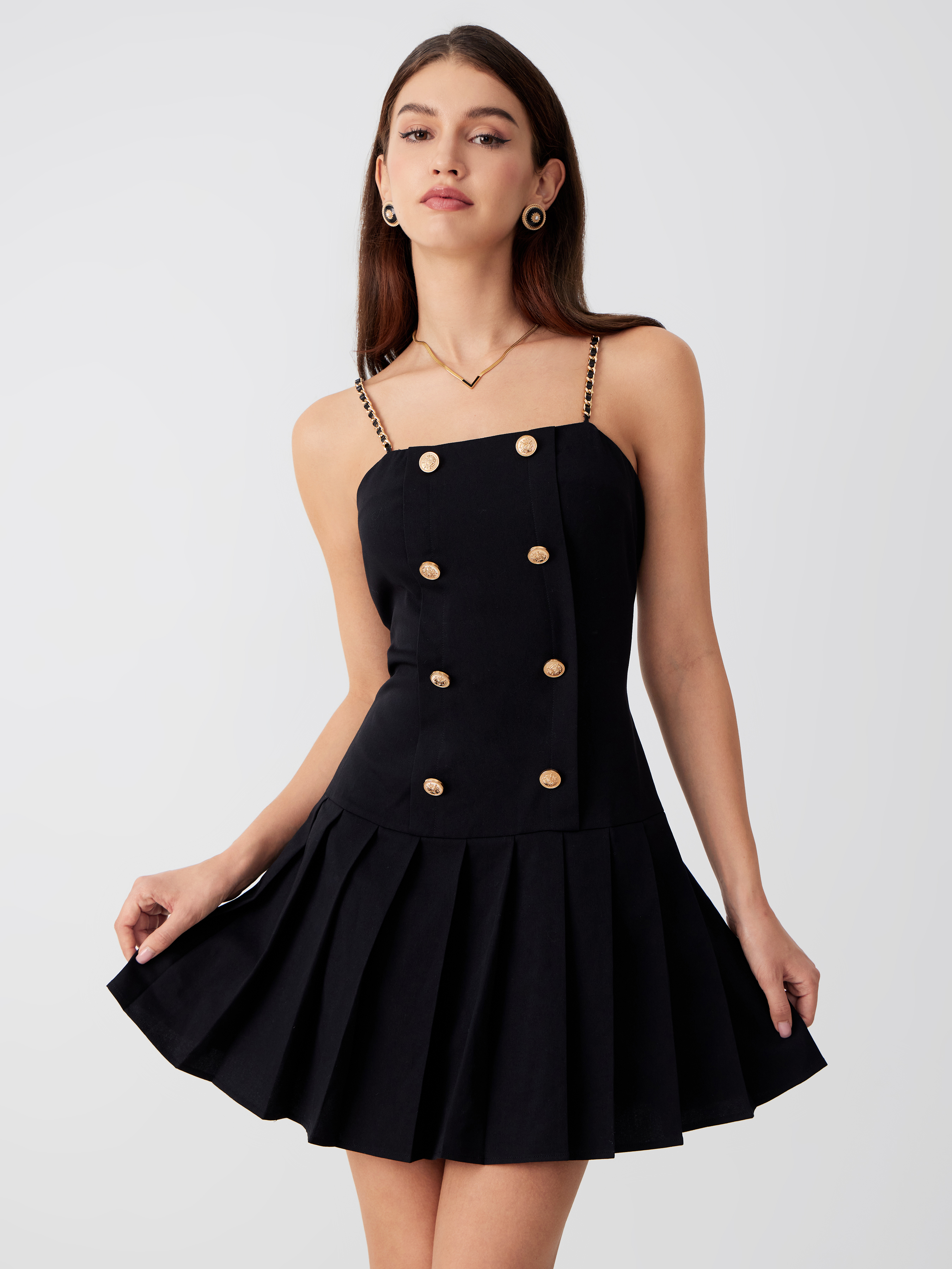Woven Square Neck Button Pleated Mini Dress For Daily Casual